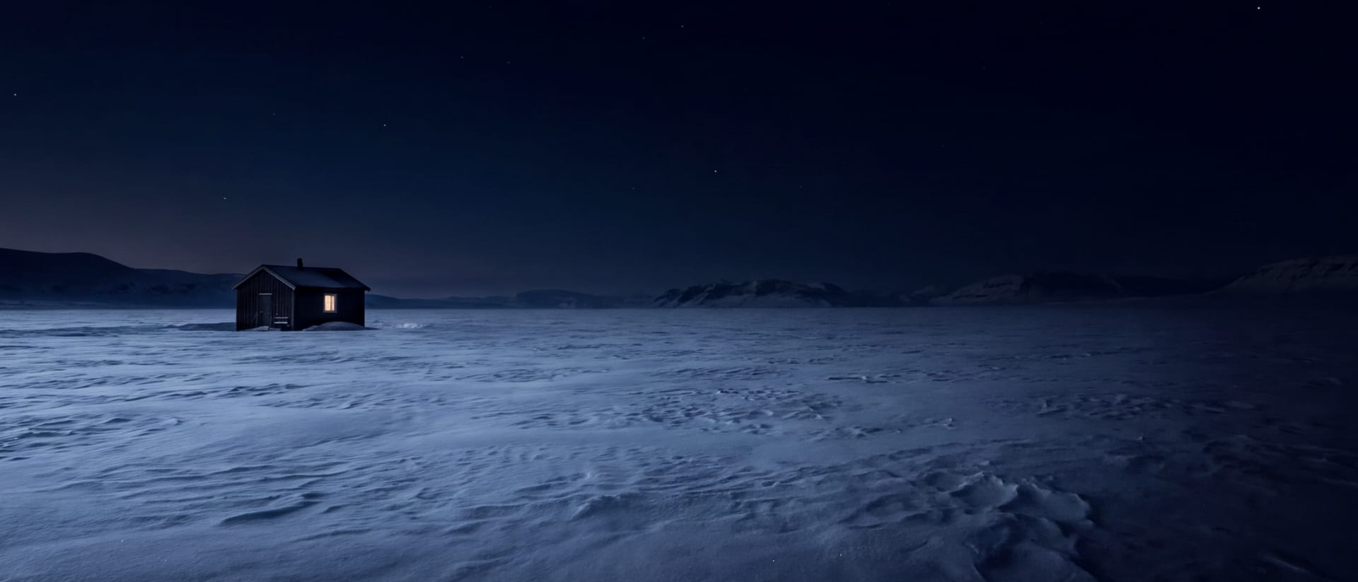 A lone cabin with one lit window on a snowfield under the polar night.